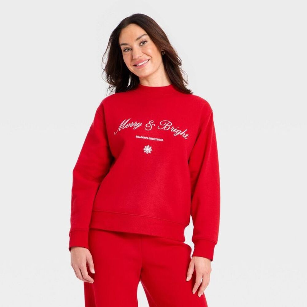 Women's Holiday Knit Embroidered Pullover Sweatshirt - Universal Thread Red S